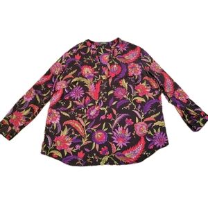 Lauren Ralph Lauren Shirt 2X Dark Floral SemiSheer Blouse Purple Black Career